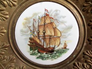 Brass Wall Plaque Tudor Sailing Ship on Ceramic Tile In Center (BH974)