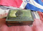 Brass & Wood Cigarette / Cigar Box Ship Relief Vintage #2 (BH988)