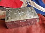 Silver & Wood Cigarette / Cigar Box Ship & Village Relief Vintage (BH989)